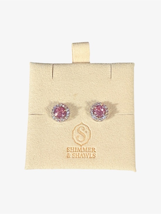 Shimmer and Shawls Jewelry - Sterling Silver Pink CZ Halo Stud Earrings with AAA clear CZ Pave